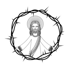 engraving pray jesus open arms crown thorns vector illustration