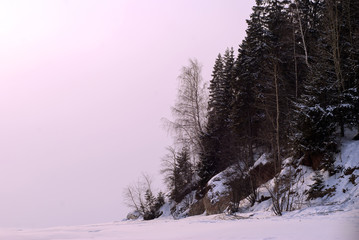 steep wooded shore of a frozen pond against the backdrop of a sunset frosty haze instead of the sky