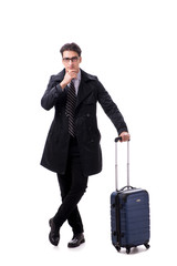 Young businessman with suitcase ready for business trip on white