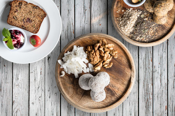 healthy snacks protein balls cake paleo organic wooden rustic table
