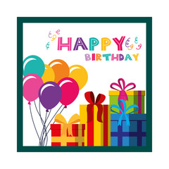 happy birthday card bunch balloons and gift boxes vector illustration