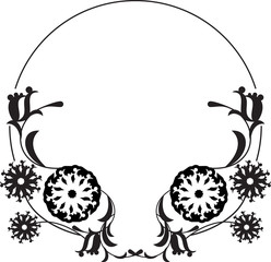 Naklejka premium Black and white round frame with floral silhouettes. 