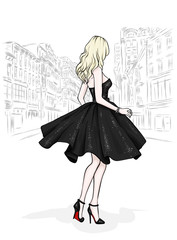 A beautiful slender girl with long legs in fashionable clothes. A model in a skirt, top and high-heeled shoes. Vector illustration. Clothing, accessories, fashion and style.
- 194922331