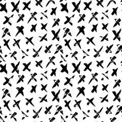 Abstract seamless hand drawn pattern. Modern grunge texture. Monochrome pen-brush painted background. Texture with black cross shapes strokes.