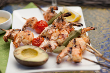Grilled Shrimps Skewers for Dinner in Garden