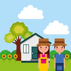 Obraz na płótnie Canvas gardener couple with house tree sunflowers vector illustration vector