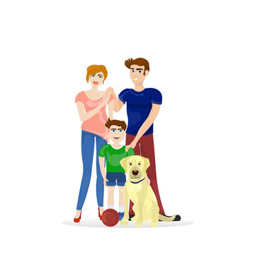 Family Parents And Son With Labrador Dog Isolated On White Background Flat Vector Illustration