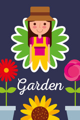 girl gardener in flower with pot flowers garden concept vector