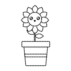falt line  uncolored   flowerpot  with  kawaii sunflower plant sticker   vector illustration