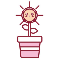 flat line  colored kawaii flowerpot  with  kawaii sun plantover white background  vector illustration