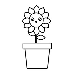 flat line  uncolored kawaii flowerpot with sunflower plant   over white background  vector illustration