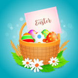 Easter eggs in a basket. Flower, green leaves and greeting card. Illustration on  blue background.