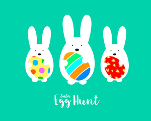 Cute bunny holding Easter eggs. Happy Easter day concept, vector illustration isolated on green background.