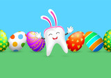 Cute tooth character with rabbit ear and Easter eggs. Dental  Easter day. Illustration