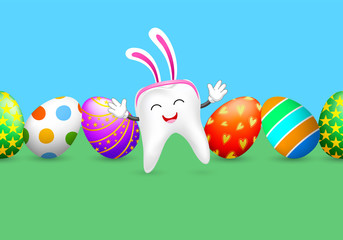 Cute tooth character with rabbit ear and Easter eggs. Dental  Easter day. Illustration