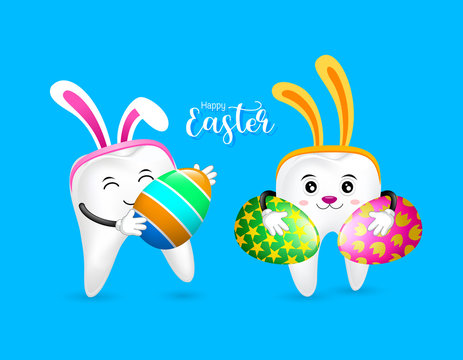 Bunny tooth character holding Easter eggs. Dental Easter, illustration isolated on blue background.