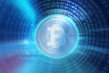 3d rendering of Bitcoin on financial graph background