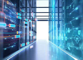Fototapeta premium Corridor of server room with server racks in datacenter. 3d illustration