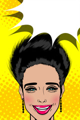 Shocked face vintage girl. Seasonal fashion sale banner. Vintage colored poster comic glossy text speech bubble balloon design. WOW SALE kitsch advertise. Wow face pop art style beautiful woman