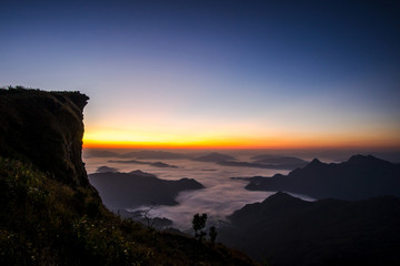 Sunrise scene with the peak of mountain and cloudscape at Phu chi fa in Chiangrai,Thailand