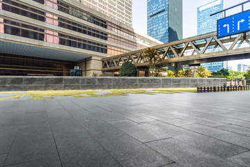 empty brick floor with cityscape and skyline.