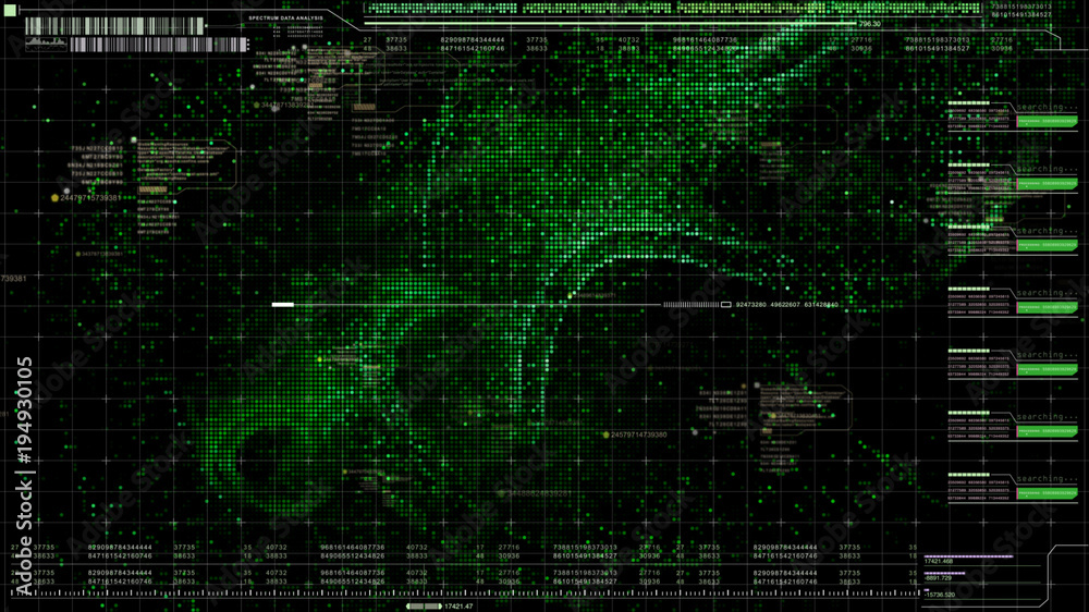 Poster Military head up display targeting and tracking enemy in digital cyber space particles background
