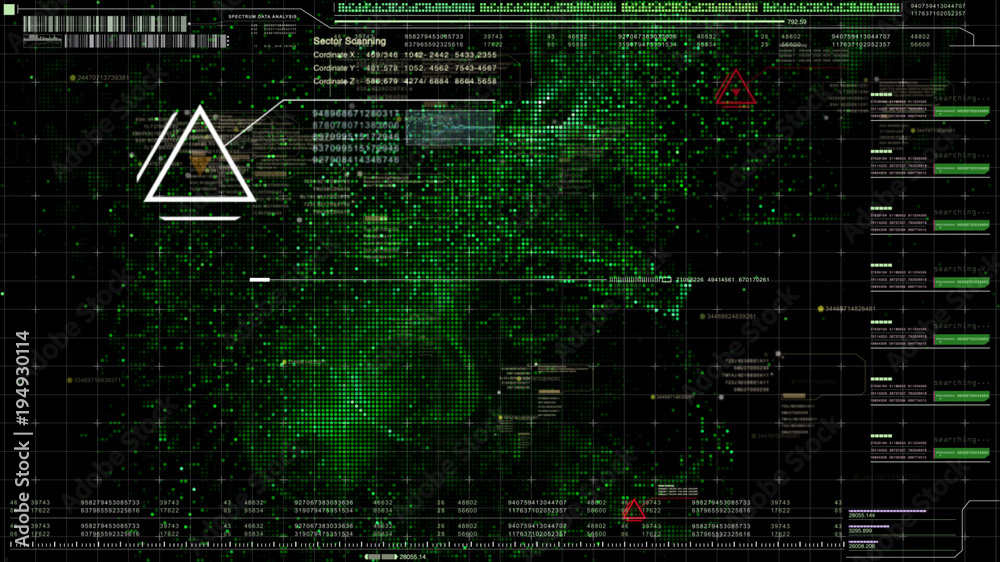 Poster Military head up display targeting and tracking enemy in digital cyber space particles background