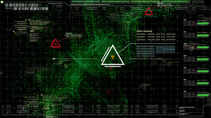 Military head up display targeting and tracking enemy in digital cyber space particles background