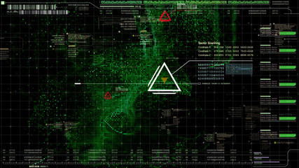 Military head up display targeting and tracking enemy in digital cyber space particles background
