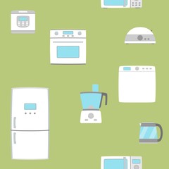 Home appliance set seamless background. TV, refrigerator, conditioner, dishwasher, oven, kettle, iron, multicooker, blender mixer vacuum cleaner washing machine microwave toster Vector illustratoin