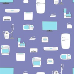Home appliance set seamless background. TV, refrigerator, conditioner, dishwasher, oven, kettle, iron, multicooker, blender mixer vacuum cleaner washing machine microwave toster Vector illustratoin
