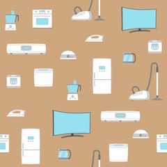 Home appliance set seamless background. TV, refrigerator, conditioner, dishwasher, oven, kettle, iron, multicooker, blender mixer vacuum cleaner washing machine microwave toster Vector illustratoin