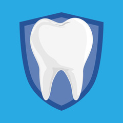 Single White and Healthy Tooth on Protection Shield iSolated on Blue Background, Simple Flat Vector
