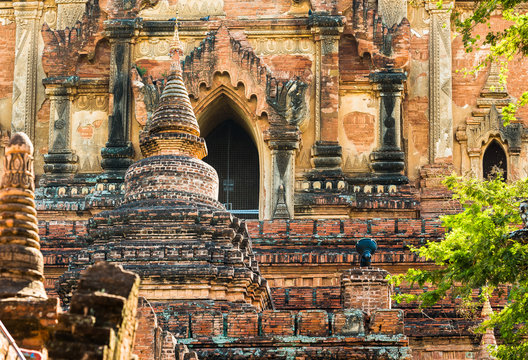 View of the facade of a building on a pagoda in Bagan, Myanmar. Close-up.