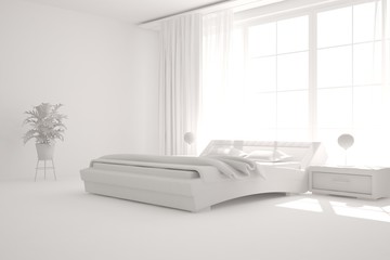 White modern bedroom. Scandinavian interior design. 3D illustration