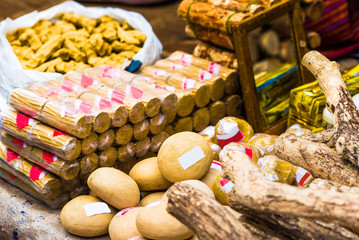 Goods on the local market in Bagan, Myanmar. Close-up.