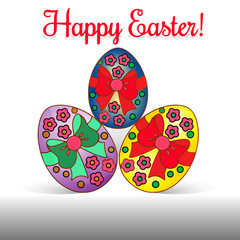 Three beautifully painted Easter eggs, with ribbon, cartoon on white background,