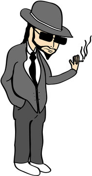 Cartoon illustration of a gangster with a hat smoking a cigarette