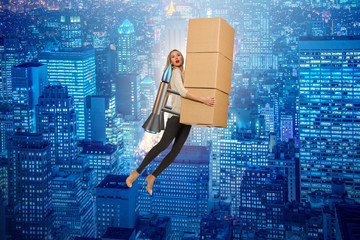 Woman in fast box delivery service on rocket