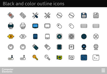 Black and color outline icons, thin stroke line style design