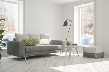 White room with sofa and winter landscape in window. Scandinavian interior design. 3D illustration