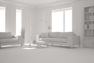 White room with sofa. Scandinavian interior design. 3D illustration