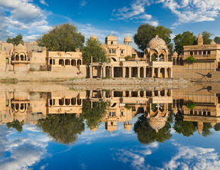 Gadi Sagar temple on Gadisar lake Jaisalmer, India.