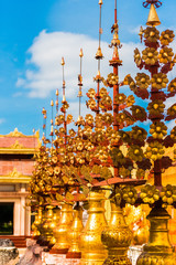 View of the pagoda sculpture of the Shwezigon in Bagan, Myanmar. Copy space for text. Vertical.