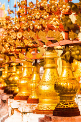View of the pagoda sculpture of the Shwezigon in Bagan, Myanmar. Close-up. Vertical.