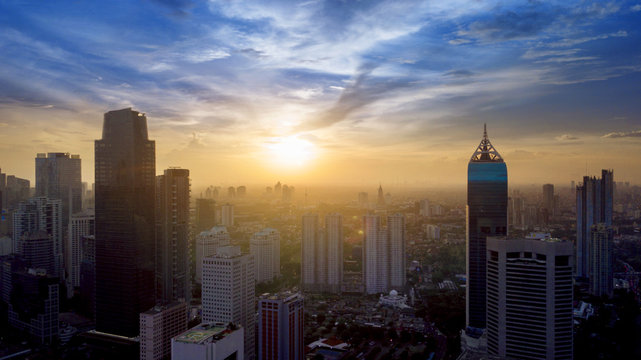 Aerial View Of Jakarta Central Business District Area At Sunrise