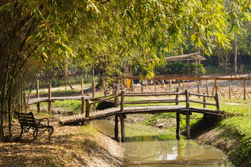 Fototapeta na wymiar View of canal with wooden bridge in the morning,Thailand.