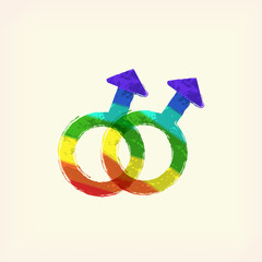 Rainbow sex man, male, gay crossing sign icon, symbol , pale yellow background. Painted design element. Watercolor illustration for web or typography magazine, brochure, flyer, poster.