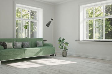 Idea of white room with sofa and summer landscape in window. Scandinavian interior design. 3D illustration