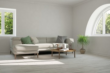 Idea of white room with sofa and summer landscape in window. Scandinavian interior design. 3D illustration